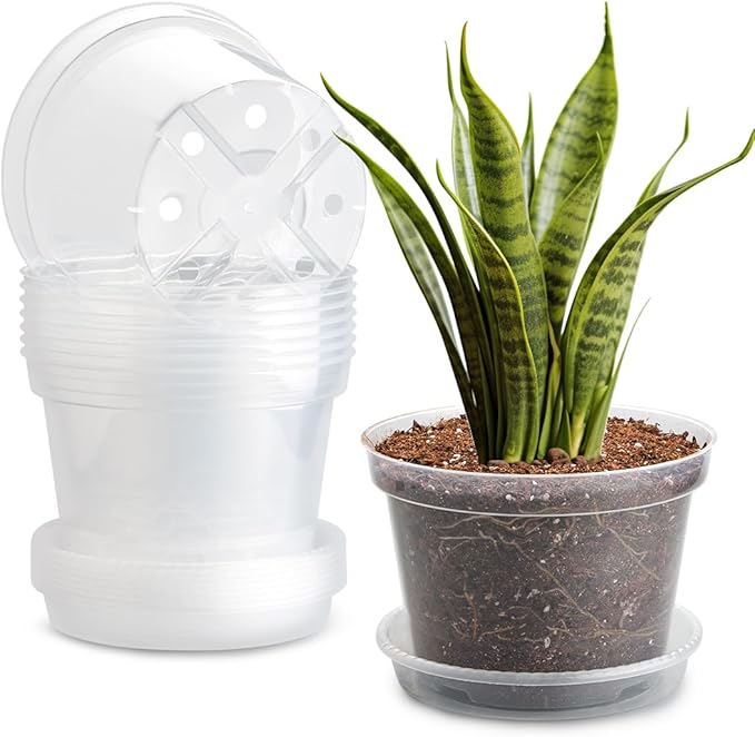 7 Pack 8 Inch Clear Nursery Pots with Saucer, Transparent Plastic Plant Pots with Drainage Holes, Sturdy Plant Starter Pots, Garden Planter Pot for Planting Succulents Flowers Herb Vegetables