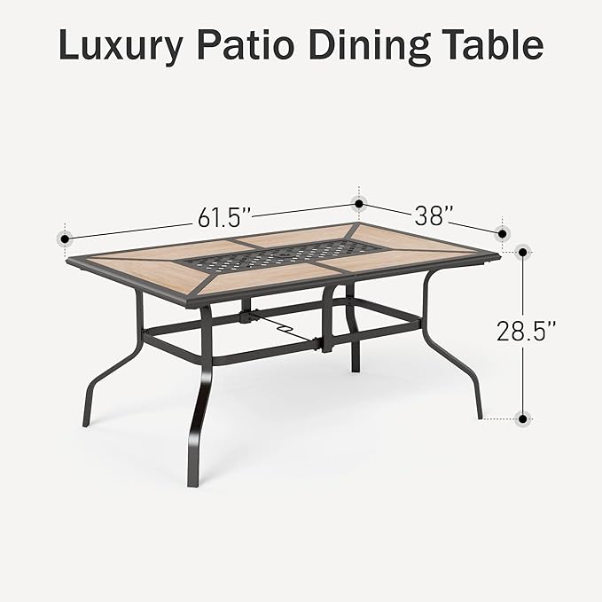 PHI VILLA Outdoor Dining Table for 6, Rectangular Metal Wrought Iron Table with Polywood Tabletop and Umbrella Hole, Large Heavy-Duty Furniture for Patio, Deck, Yard, Porch