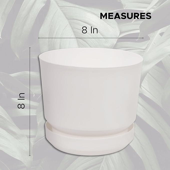Elly Décor 8 inch Plastic Cylinder Planter Pot with Self-Watering Saucer and Drainage Hole,Lightweight & Extremely Durable, 8"x 8", White
