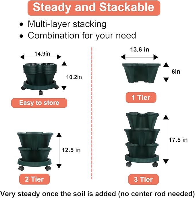 Vertical Planter 3 Tier Stackable Planters Garden Planters Strawberry Herb Flower and Vegetable Planter Indoor Outdoor Gardening Pots with Removable Wheels and Tools