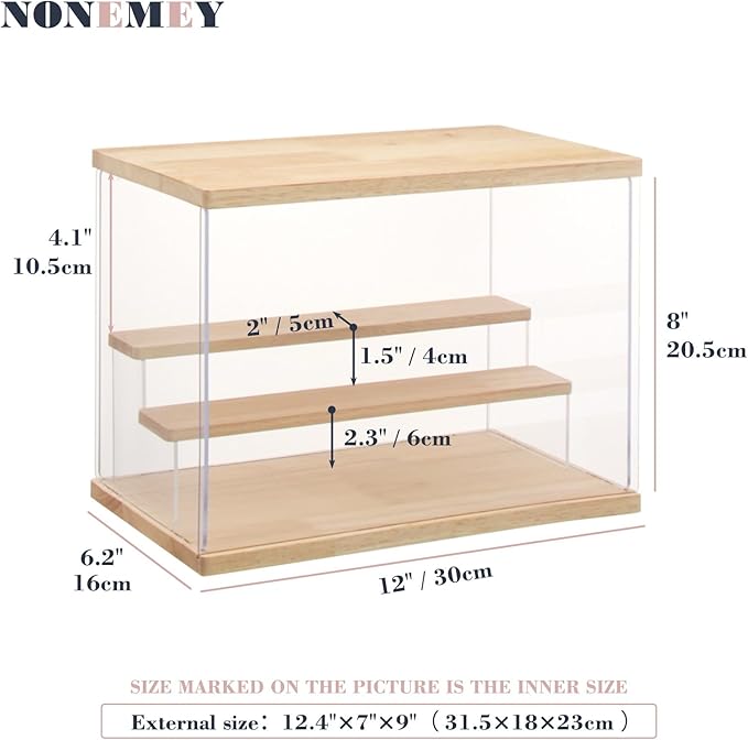 NONEMEY Clear Acrylic Display Case with Light ,3/4/5/6 Tier Multiple Color Lights via Remote Control Dustproof Display Box for Collectibles Figures Mini Toys (3Tier 12.4*7*9inch)