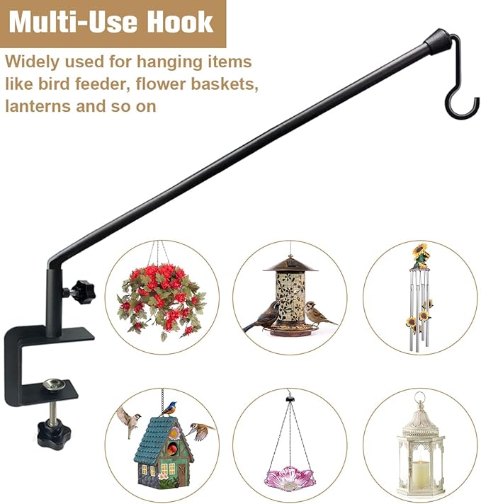38 Inch Extended Reach Deck Hook Hanger for Railing, Heavy Duty Outdoor Plant Hook Holder for Hanging Bird Feeder Flower Basket Planter or Lanterns, 1 Pack