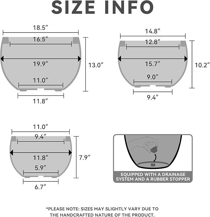 Kante 19.9",15.7",11.8" Dia Round Concrete Planter Set of 3, Outdoor/Indoor Large Bowl Plant Pots with Drainage Hole and Rubber Plug for Garden Patio Balcony Home, Slate Gray