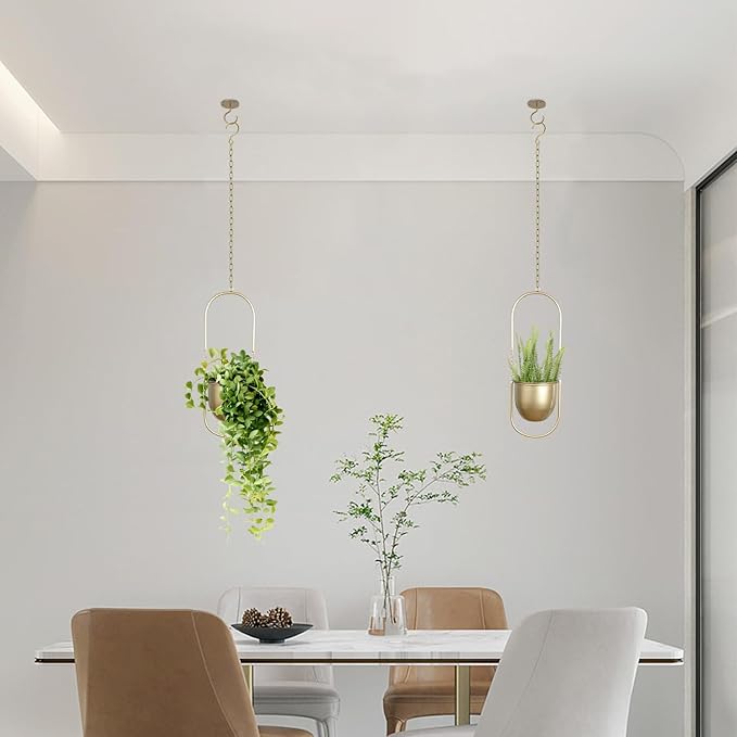 AceList Boho Hanging Planter for Indoor Plants - Set of 2 Gold Metal Wall Planter 5.7Inch with Hooks and Chins, Plant Hanger Decor for Window and Patio - Suitable for Hanging Plants Decor