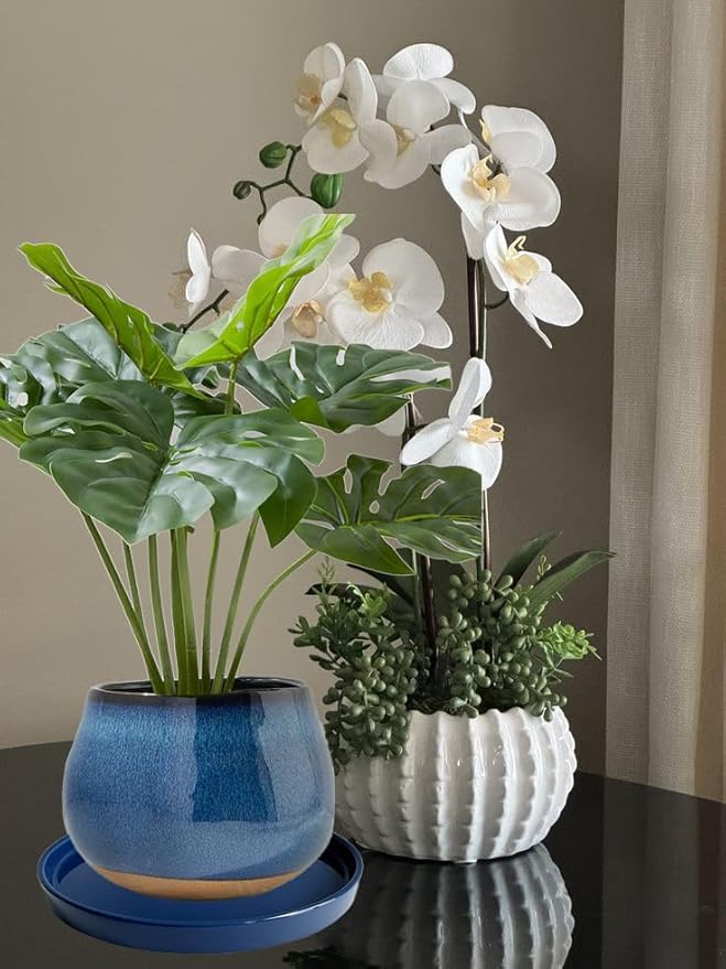 2 Pack Ceramic Plant Saucer Pot Tray 7 Inch, Planter Saucers 4 5 6 7 8 9 10 11 12 13 Inch for Indoors Outdoor, Durable Sturdy Flower Drainage drip Water Tray for Glazed Pots Base (7 Inch-Blue)