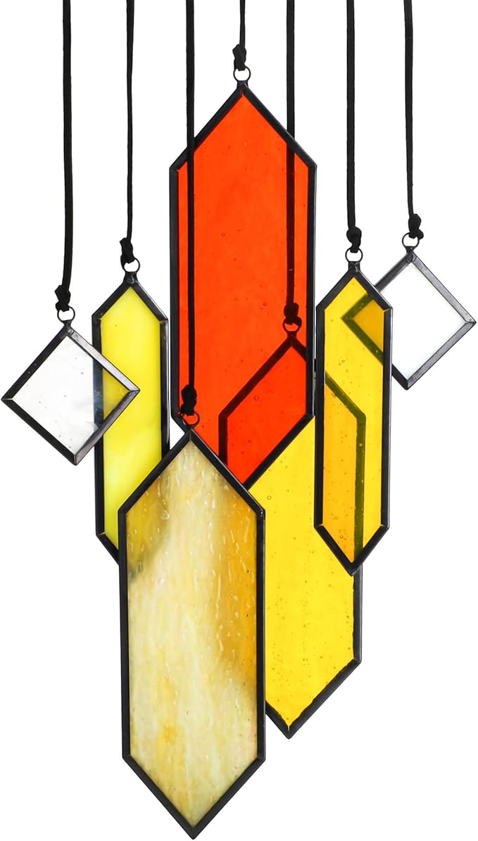 HDCRYSTALGIFTS 7pieces Stained Glass Window Hanging Suncatchers Handcrafted Modern Sunset Glow Design Stained Glass Wall Art Sun Catcher for Home Garden Decoration Reconfigurable
