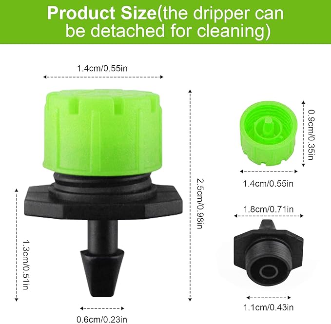 Kalolary 200Pcs Adjustable Irrigation Drippers, 1/4 Inch Barbed Drip Emitter 360 Degree Watering Sprinklers Anti-Clogging Drippers for 4mm/7mm Garden Watering System(Green)