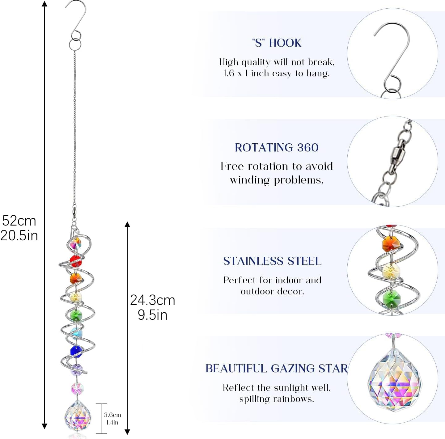H&D HYALINE & DORA 5 Pack Sun Catchers Crystal Suncatchers for Windows Hanging Gazing Ball Spiral Tail Wind Spinners for Yard and Garden Indoor Home Decor