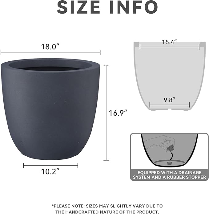 Kante 18 Inch Dia Round Concrete Planter, Indoor Outdoor Large Plant Pot with Drainage Hole and Rubber Plug for Home Patio Garden, Charcoal