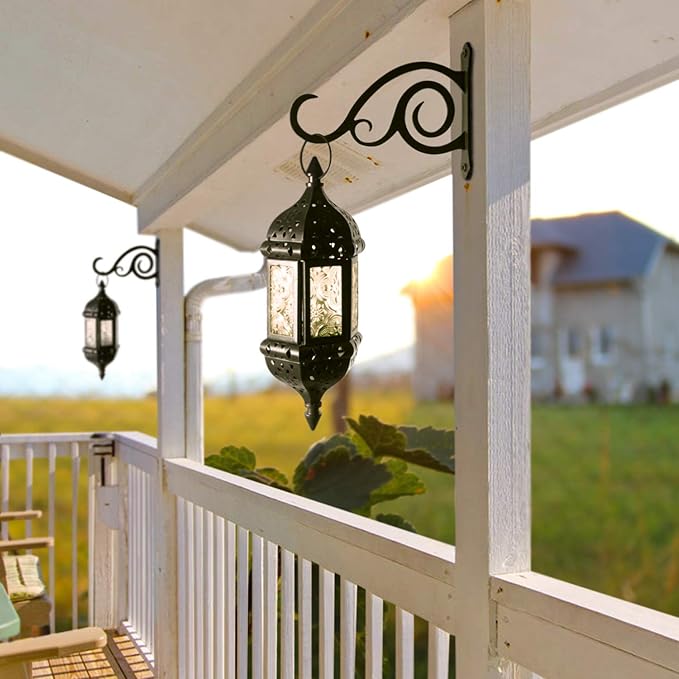 2 Pcs 8-Inch Outdoor Decorative Wall Hanging Lantern Plant Hooks, Iron Wall Hangers for Hummingbird Feeder Planter, Black