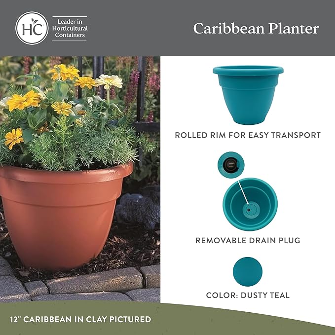 The HC Companies 10 Inch Caribbean Planter - Lightweight Indoor Outdoor Plastic Plant Pot for Herbs and Flowers, Dusty Teal