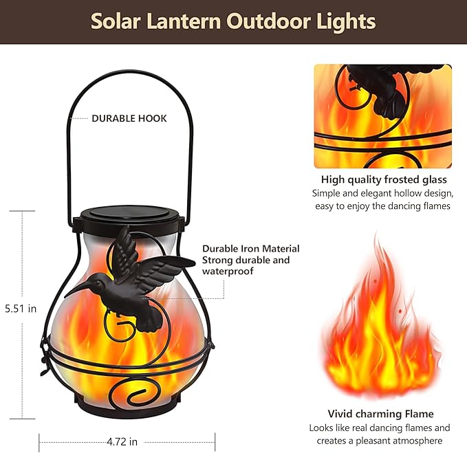 2 Pack Solar Flickering Flame Lights,Outdoor Upgraded Metal Lantern for Hanging Solar Powered Waterproof LED Flame Glass Lanterns for Patio Garden Christmas Halloween Decorations