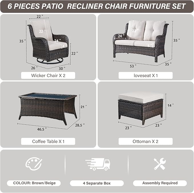 Wicker Outdoor Furniture Patio Furniture Set - 6 Piece Patio Conversation Set with Swivel Rocker Chairs, Loveseat Sofa, Ottomans and Coffee Table, Beige Cushion