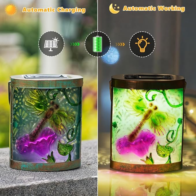 2 Pack Glass Dragonfly Solar Lanterns Outdoor Waterproof, Hanging LED Solar Lantern for Tabletop Garden Patio Decor