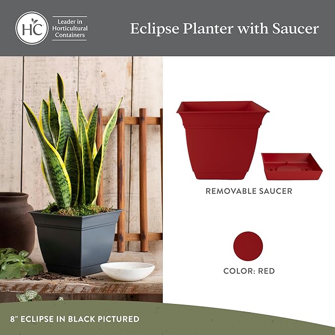 The HC Companies 10 Inch Eclipse Square Planter with Saucer – Indoor Outdoor Plant Pot for Flowers Vegetables Herbs, Red (Pack of 2)