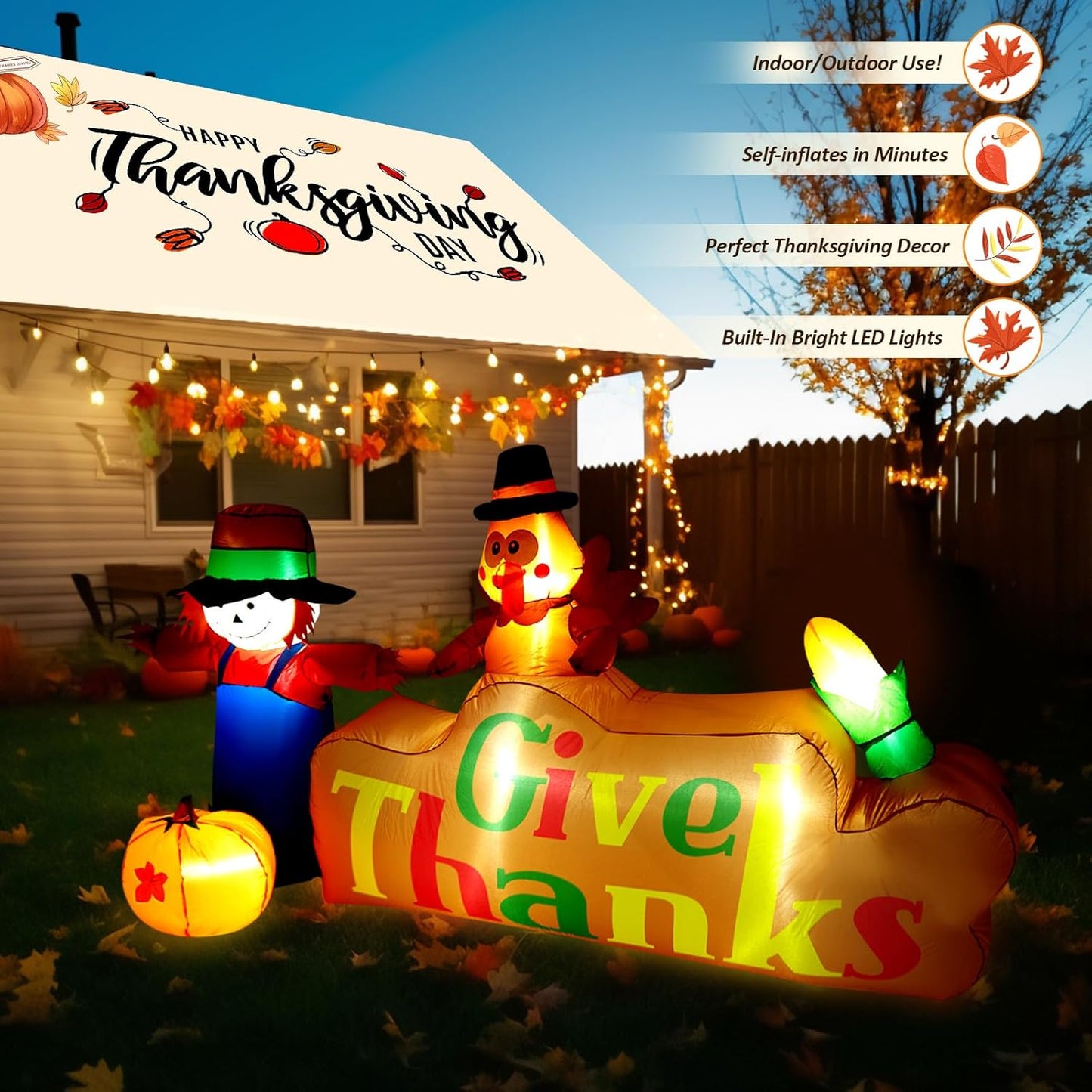 CAMULAND 8Ft Autumn Outdoor Built-in LED Inflatable Scarecrow and Turkey – Thanksgiving Inflatable Decorations Great for Home, Yard, Lawn – Warm Blow Up Décor for Fall Harvest Party