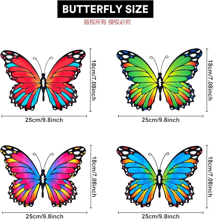 Oraytteo 4 Pack Metal Butterfly Wall Decor, Butterflies Wall Art Hanging Sculptures for Outdoor, Fence Patio Yard Tree Garden Home Decorations, Housewarming Gift