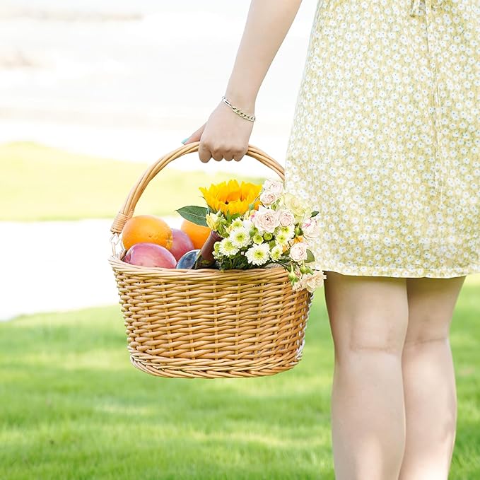 Wicker Picnic Basket with Double Folding Handles, Natural Large Willow Hamper Empty Basket Cheap Easter Eggs Candy Storage Wine Basket for Toy, Flower, Wedding(White 16inch)