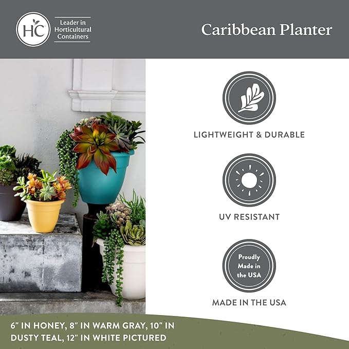 The HC Companies 12 Inch Caribbean Planter - Lightweight Indoor Outdoor Plastic Plant Pot for Herbs and Flowers, Warm Gray