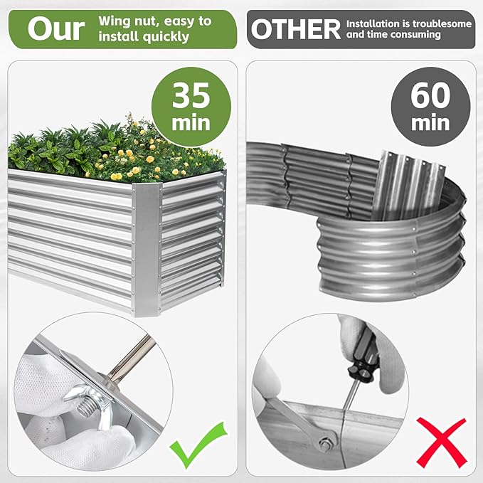 8x2x2ft Raised Garden Bed - Galvanized Deep Root Planter Boxes Outdoor with Wing Nuts and Safety Edges for Gardening Vegetables, Flowers, Herbs, Succulents - Silver