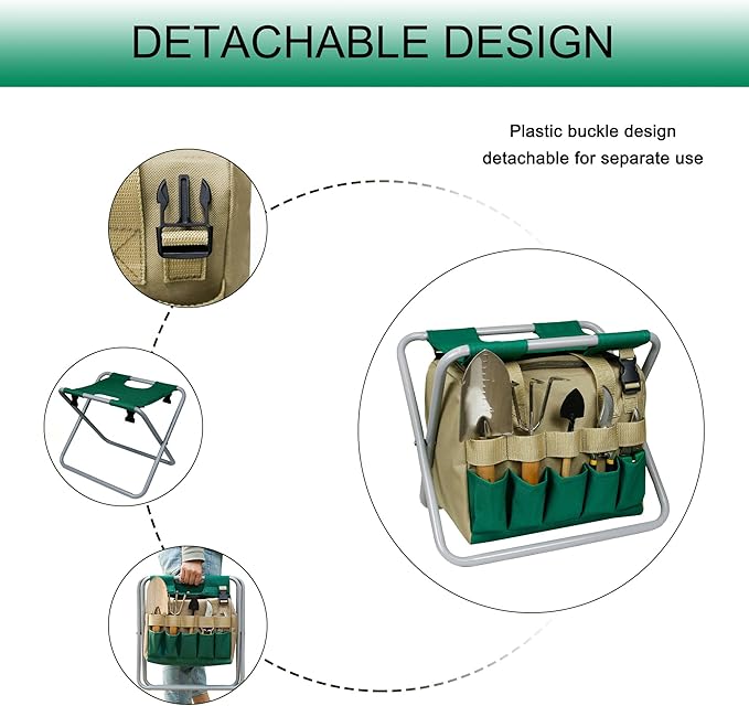 Folding Gardening Stool with Detachable Storage Tote Bag, Multifunctional Gardening Tools Set Organizer for Fishing and Camping,Portable Garden Chair Seat for Adults (Green+Khaki)