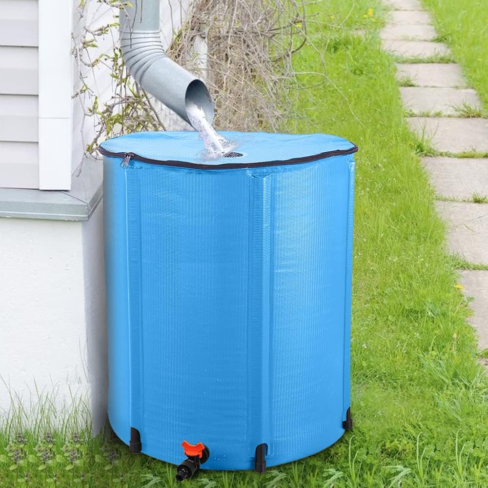 Collapsible Rain Barrel, 50 Gallon Portable Rainwater Collection System, Rain Catcher Barrel, Water Storage Tank with Spigots and Overflow Kit, Rain Water Barrel Collector for Garden, Blue