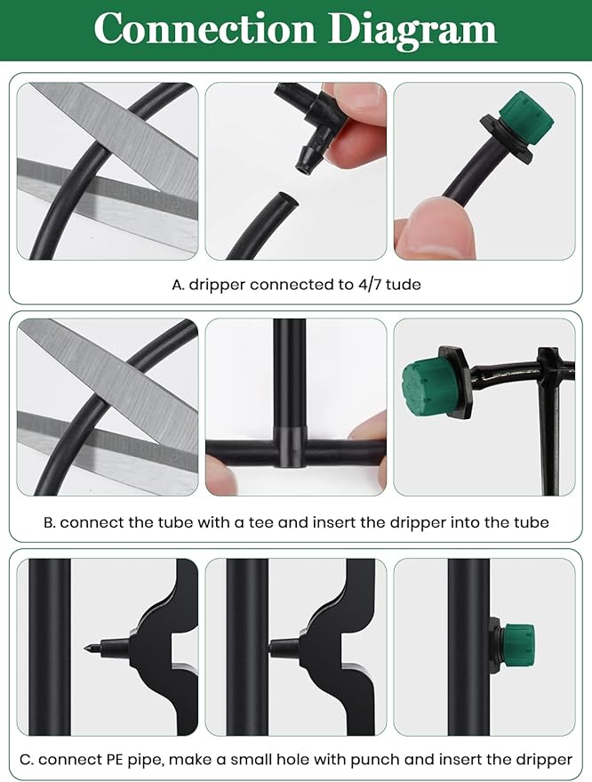 Kalolary 200Pcs Adjustable Irrigation Drippers, 1/4 Inch Barbed Drip Emitter 360 Degree Watering Sprinklers Anti-Clogging Drippers for 4mm/7mm Garden Watering System(Dark Green)