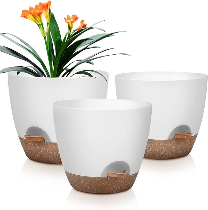 Plant Pots 10/9/8 Inch Self Watering Pots, Set of 3 Plastic Planters with Drainage Holes and Saucers,Plastic Flower Pots,Nursery Planting Pot for Indoor Out Door Plants(White)