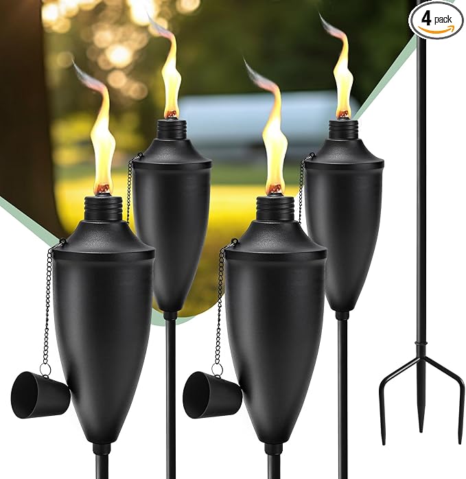 4 Pack Garden Torches for Outside, 22 oz Metal Citronella Torch with 3-Prong Grounded Stake, Perfect for Patio, Lawn, and Backyard Décor