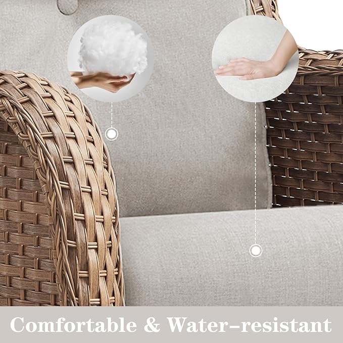 Wicker Outdoor Furniture Patio Furniture Set - 6 Piece Patio Conversation Set with Swivel Rocker Chairs, Loveseat Sofa, Ottomans and Coffee Table, Beige Cushion