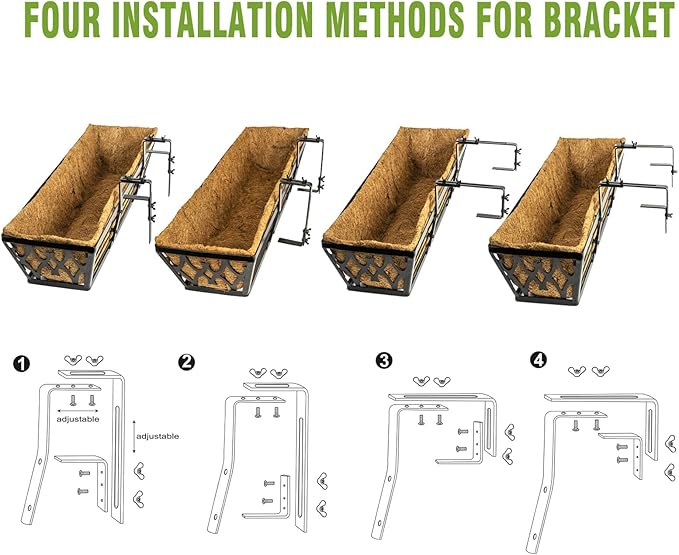 2 Pack 30 Inch Window Boxes Planters Railing Planter Box with Adjustable Brackets for Porch Fence Patio Balcony Hanging Flower Baskets with Coco Liners for Outdoor Garden Decor - Black