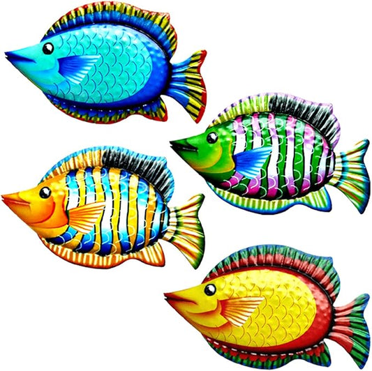 HHgrowe 11.8 Inches Hand-Painted Metal Fish Art Wall Decor Coastal Ocean Sea Hanging Decorations Garden Pool Decor Set of 4 Colorful Outdoor or Indoor Wall Sculptures β¦