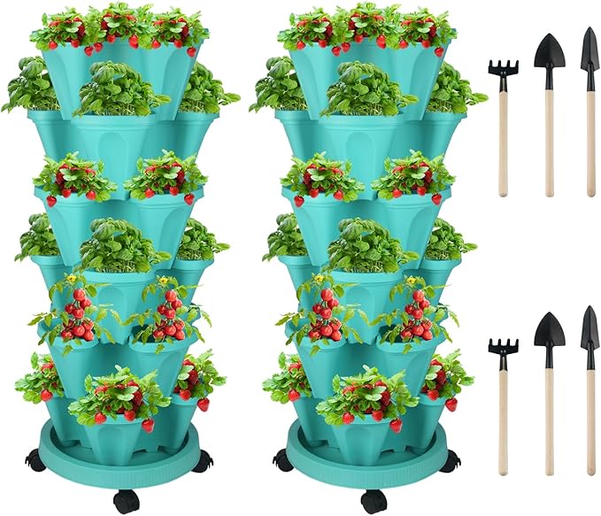 Vertical Planter 6 Tier Stackable Planters Garden Planters Strawberry Herb Flower and Vegetable Planter Indoor Outdoor Gardening Pots with Removable Wheels and Tools