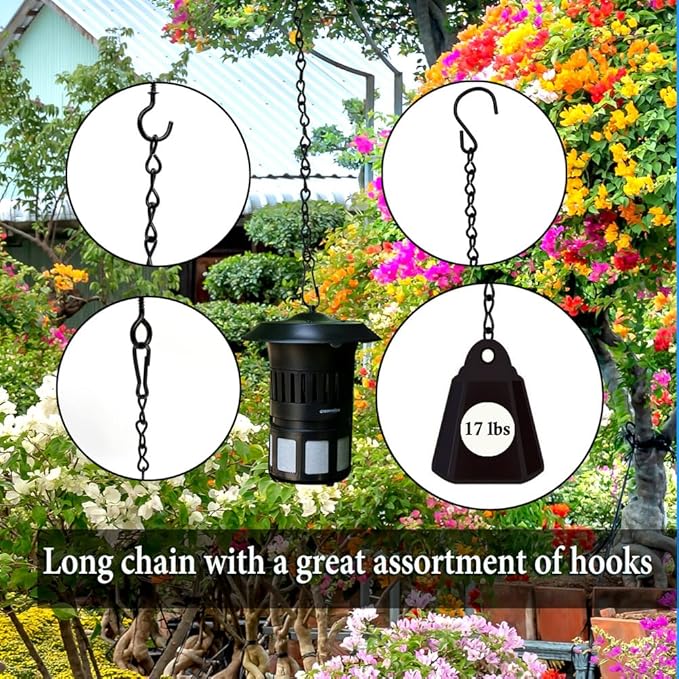 197 Inch Black Metal Hanging Chains and Hanging Basket Hooks Set for Bird Feeders, Birdbaths, Planters, Grow Lights, Lanterns, Wind Chime and Ornaments, Screw Eye Hooks, Chain Hooks DIY