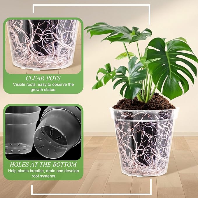 Vesici Large Size Clear Nursery Pots Variety Pack Plant Pots with Drainage Holes Planters for Indoor Plants Flexible Transparent Plastic Plant Bottle Succulents(6 Pcs,4/5/6/7/8/9 Inch)
