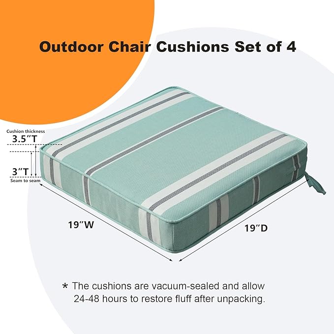 Square Corner Seat Cushions, 19" x 19" x 3", Set of 4, Indoor Outdoor Water Repellent Universal Chair Pads with Ties for Patio Furniture, Garden Deck Dining Chairs, Aqua Stripe