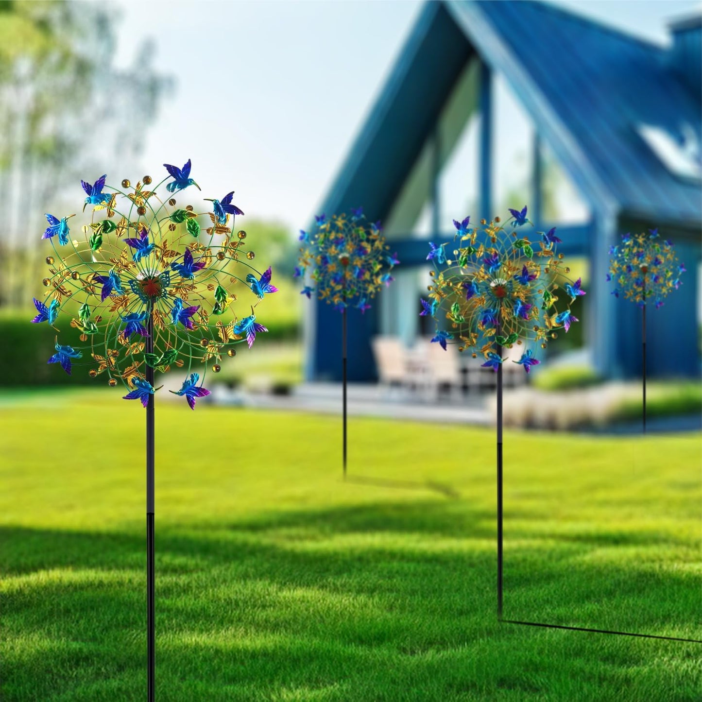 Outdoor Wind Spinner with Garden Stake 82.7" Metal Two-Way Wind Sculptures Solar Color Changing Lights Large Windmills for Garden,Patio,Yard,Lawn Decor Gifts Bird