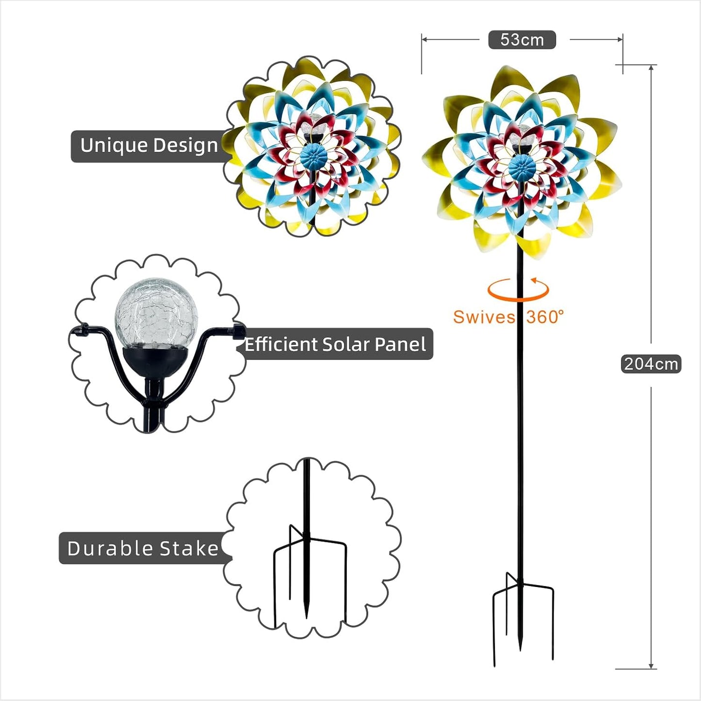 Outdoor Wind Spinner with Garden Stake 82.7" Metal Two-Way Wind Sculptures Solar Color Changing Lights Large Windmills for Garden,Patio,Yard,Lawn Decor Gifts Flower