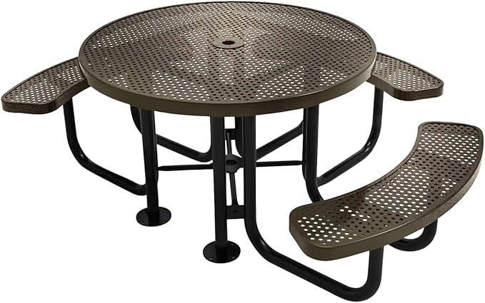 Heavy-Duty Portable Outdoor Picnic Table with Umbrella Hole, Punched Steel Patio Dining Furniture Made in America (46" Round Top, Textured Gold Vein)