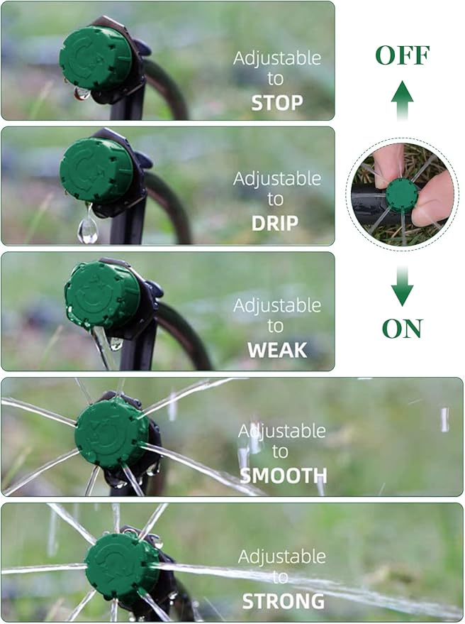 Kalolary 200Pcs Adjustable Irrigation Drippers, 1/4 Inch Barbed Drip Emitter 360 Degree Watering Sprinklers Anti-Clogging Drippers for 4mm/7mm Garden Watering System(Dark Green)