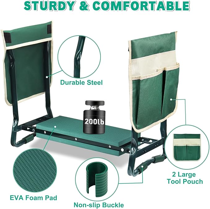 MENOLY Garden Kneeler and Seat, Folding Gardening Stool with Kneeling Pad, Gardening Bench with 6 Garden Tools, Tool Pouches, Glove, Detachable Belt, Gardening Gift for Women Men Mom Parents Elders