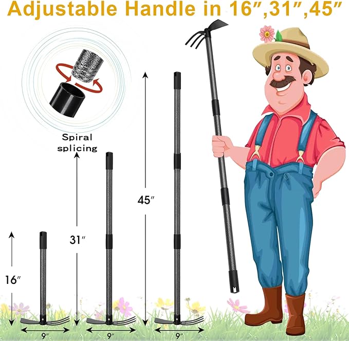 Hoe and Cultivator - 45” Long Handle - Heavy Duty Garden Hoe Tiller, Standing Hoe Garden Tools Durable Cultivator Hoe Hand Rake Fork for Gardening Weeding Planting Loosening Soil