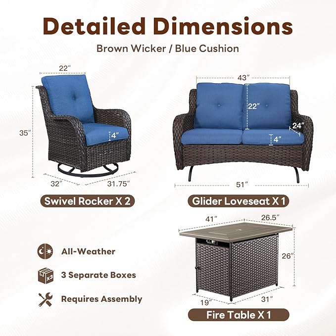4 Piece Patio Furniture Set with Fire Pit Table - 41inch 50000 BTU Propane Fire Pit Table with High Back Loveseat Glider Chair and 2 Swivel Rocker Chair for Casual Gathering