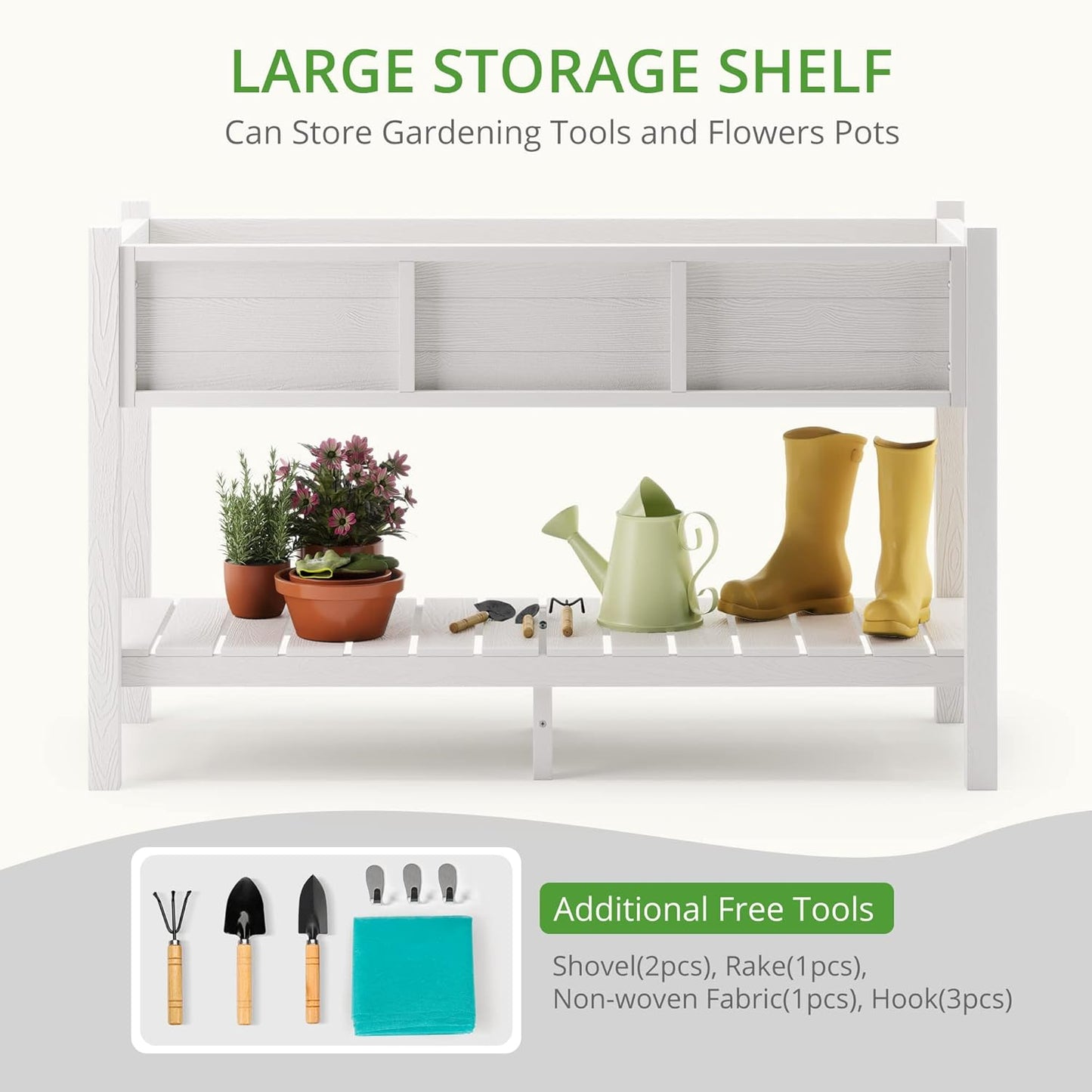 LUE BONA Raised Garden Bed with Tools, 47*18*29 in, Poly Elevated Planter Box with Legs And Storage Shelf, Weather Resistant, 3-Year Warranty, Standing Growing Bed Herb Planter for Vegetable, White