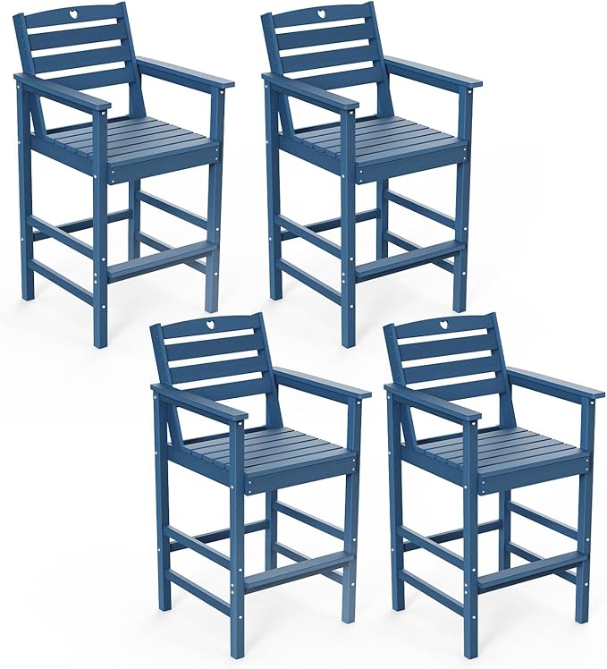 Tall Adirondack Chairs Set of 4, HDPE Wood Balcony Adirondack Chairs Set with Heart Cutout Design, Weather-Resistant Bar Height Furniture for Deck, Porch, Pool (Navy Blue)