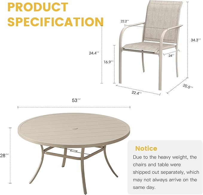 VICLLAX Patio Dining Set for 8, Outdoor Furniture Set Includes 53" Round Patio Table and 8 Patio Sling Chairs, Sandshell Color Tabletop and Fabric