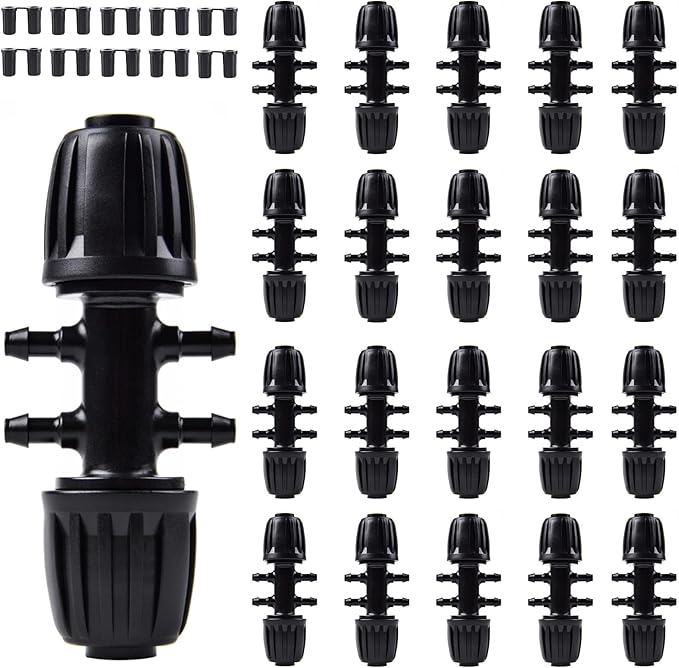 Kalolary 20PCS Barbed Tee 1/2" to 1/4" Drip Irrigation Fittings, Anti-Drop Barbed Hose Parts Connectors for 12mm/16mm to 4mm/7mm Drip Systems 6 Way Adapter(Black)