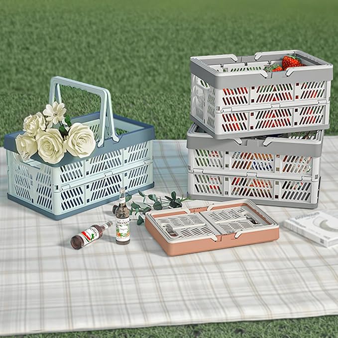 Plastic Storage Crate - 20L Collapsible Crate Stacking Folding Storage Basket - Sky Blue & Gray Blue M