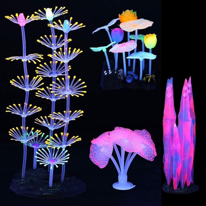 Lpraer 4 Pack Glow Aquarium Decorations Coral Anemone Lotus Leaf Seaweed Simulation Glow Plant Glowing Effect Silicone for Fish Tank Decorations