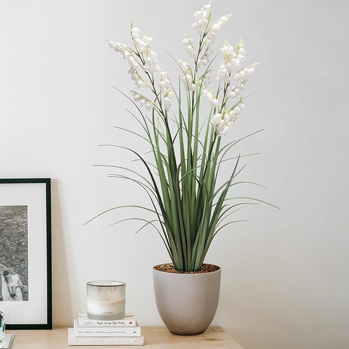 Artificial Tall Grass Plants with Pots 36“ 1 Pack Lily of The Valley Artificial Grass Home Interior Decorating and Outdoor Garden Decorations(White)
